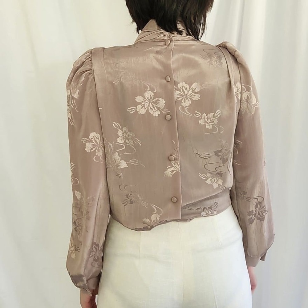 80s Taupe Floral High Neck Blouse‎ - Picture 3 of 5